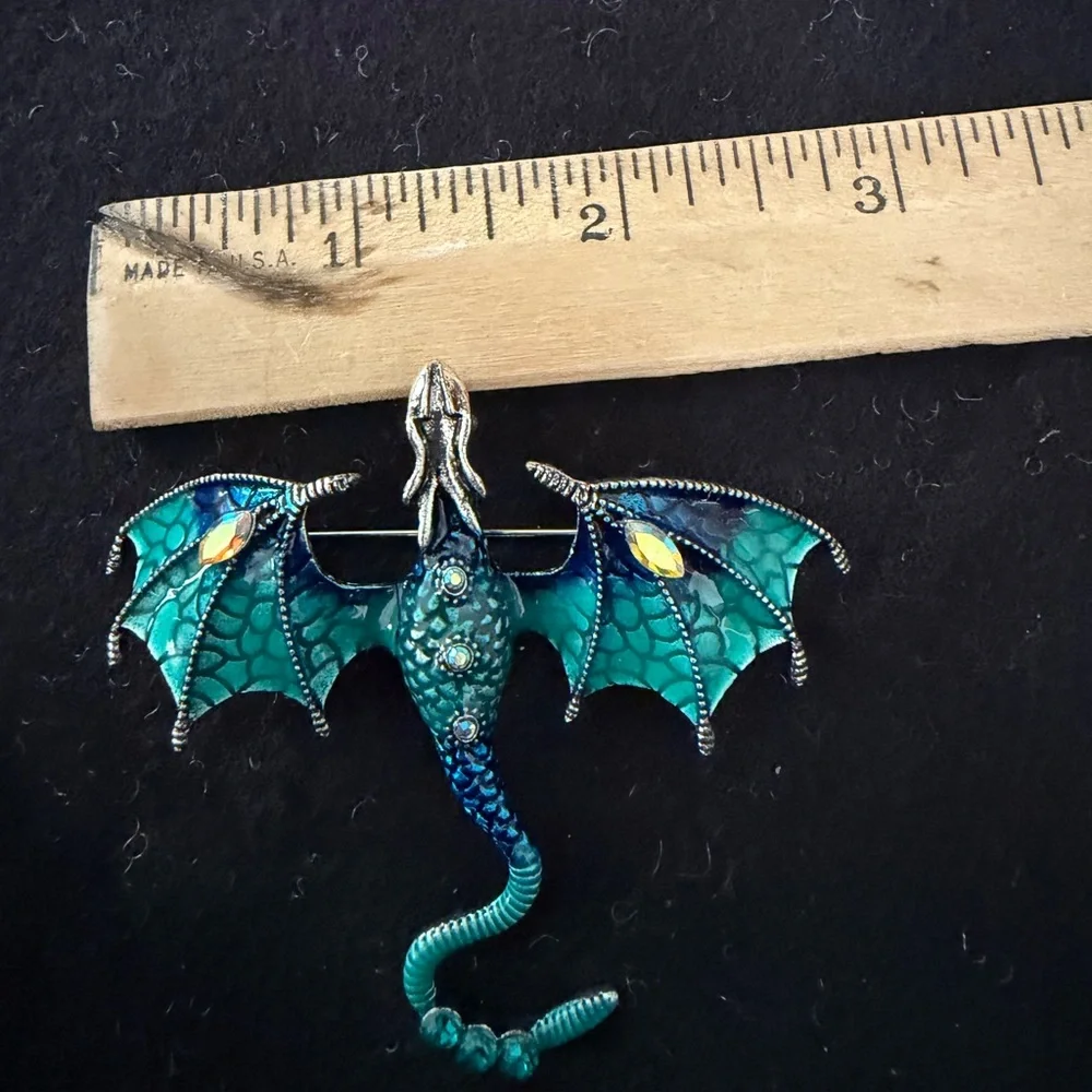 Enchanted Teal and Blue Dragon Crystal Brooch